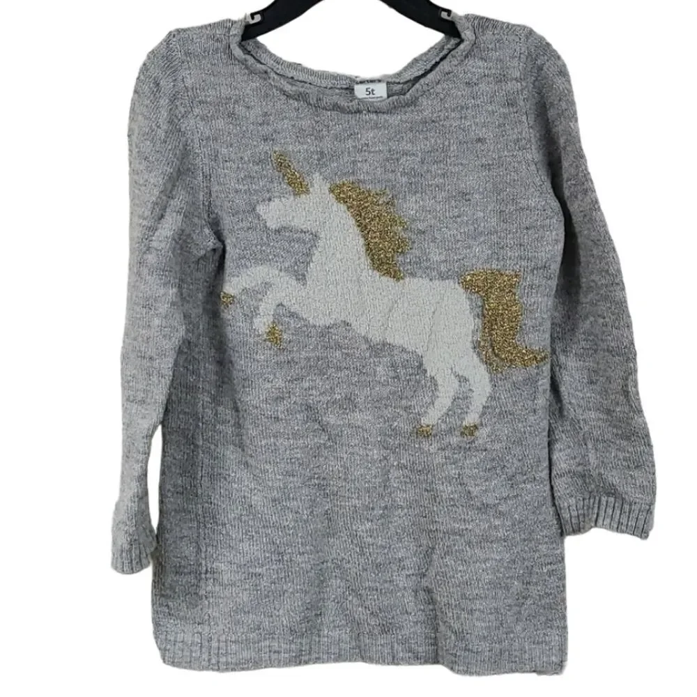 Carter's 5T Unicorn Sweater Lurex Knitted Gray Metallic Gold Pullover Toddler 5